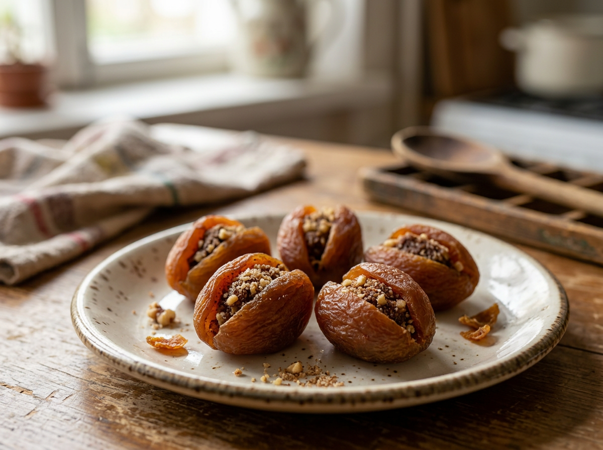 Alani, dried peaches stuffed with crushed walnuts on a ceramic plate
