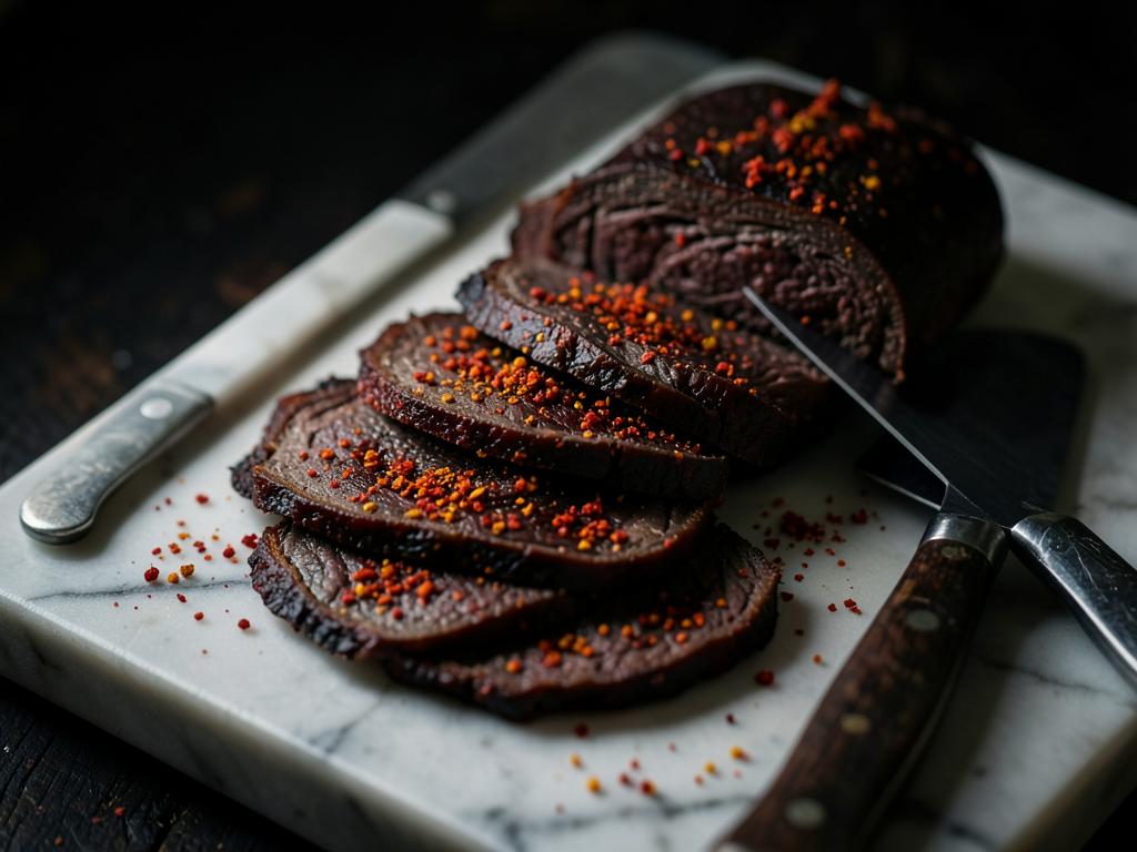 Thin slices of Armenian basturma cured beef with red spice crust