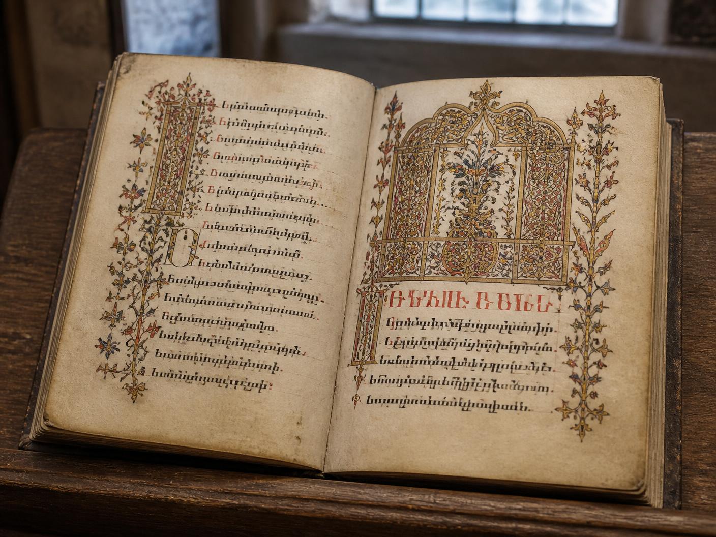 Open illuminated Armenian manuscript with ornate lettering