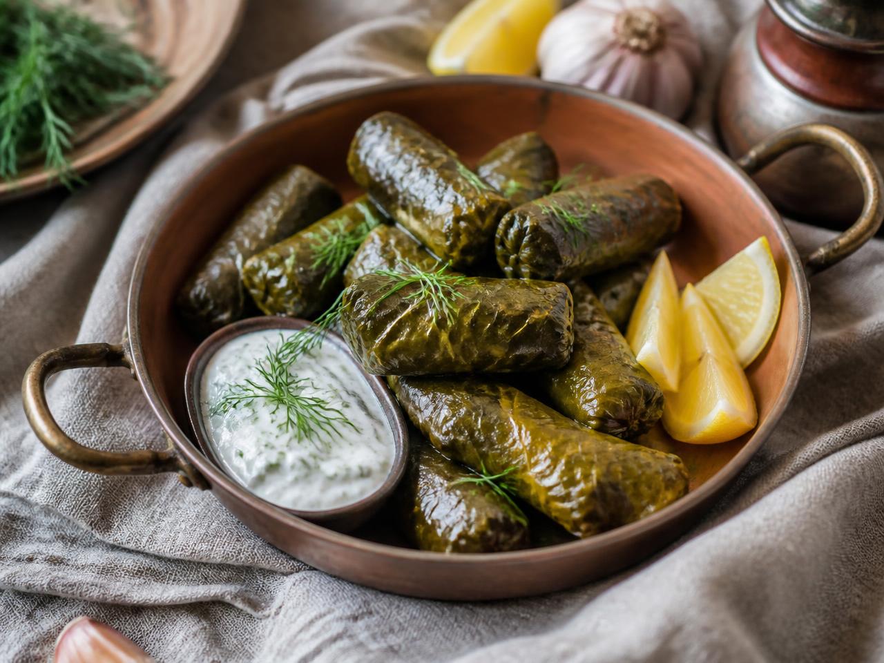 Armenian dolma, stuffed vine leaves with rice on a terracotta plate