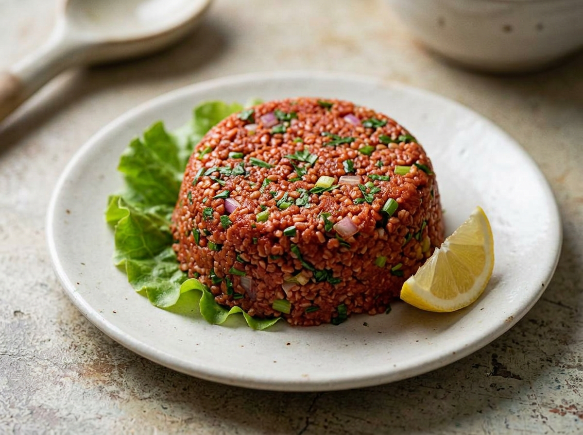 Eetch, Armenian bulgur salad with tomato, parsley and lemon in a bowl