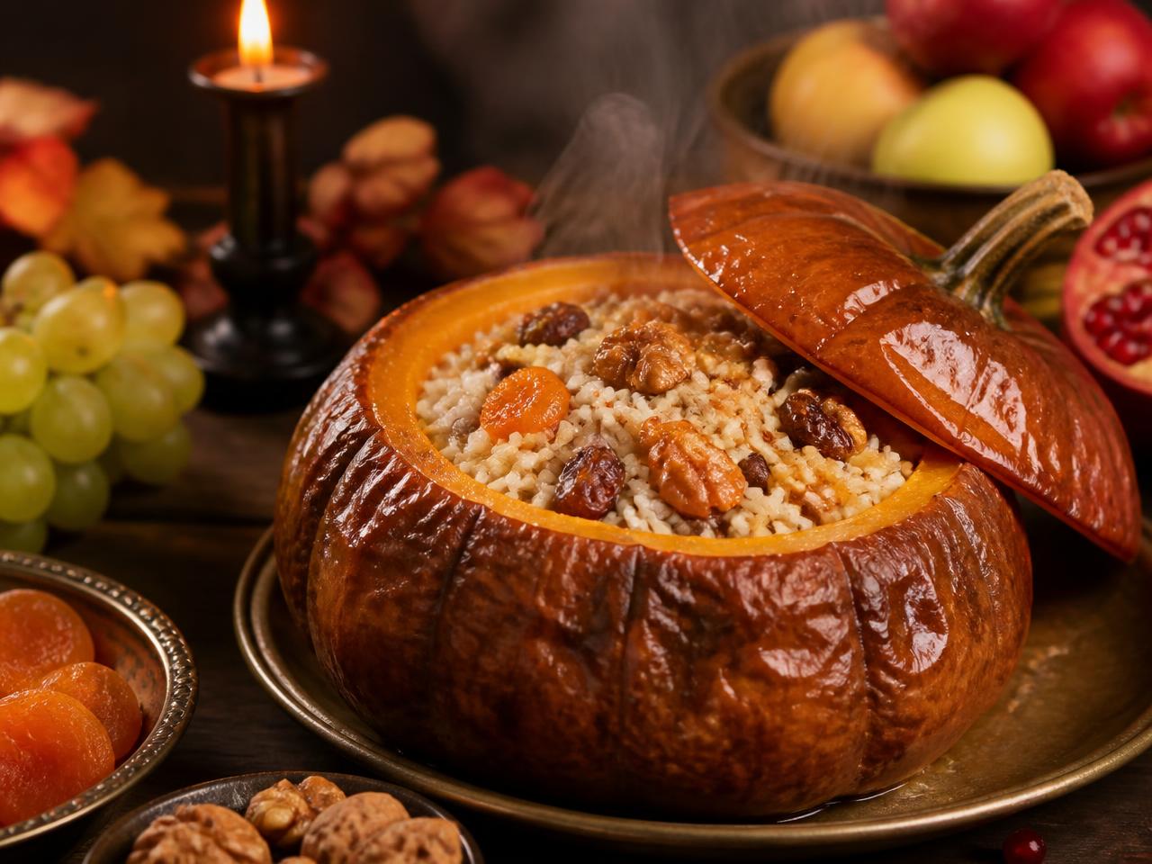 Armenian ghapama, baked pumpkin filled with rice, apricots and walnuts