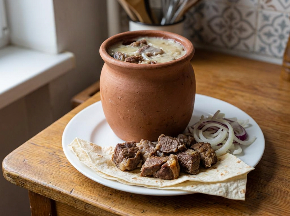 Ghavurma, Armenian lamb confit in a clay jar with a fried portion on a plate