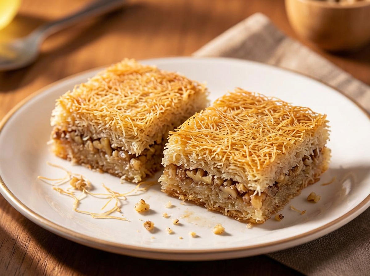 Kadayif, golden shredded Armenian pastry with walnut filling and syrup