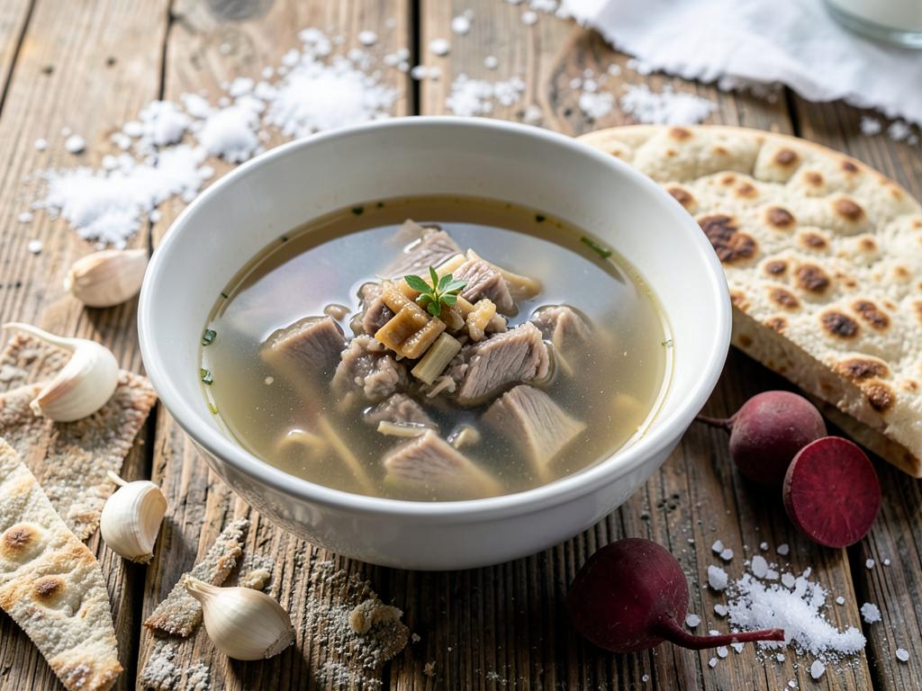 Bowl of clear Armenian khash broth with garlic and dried lavash