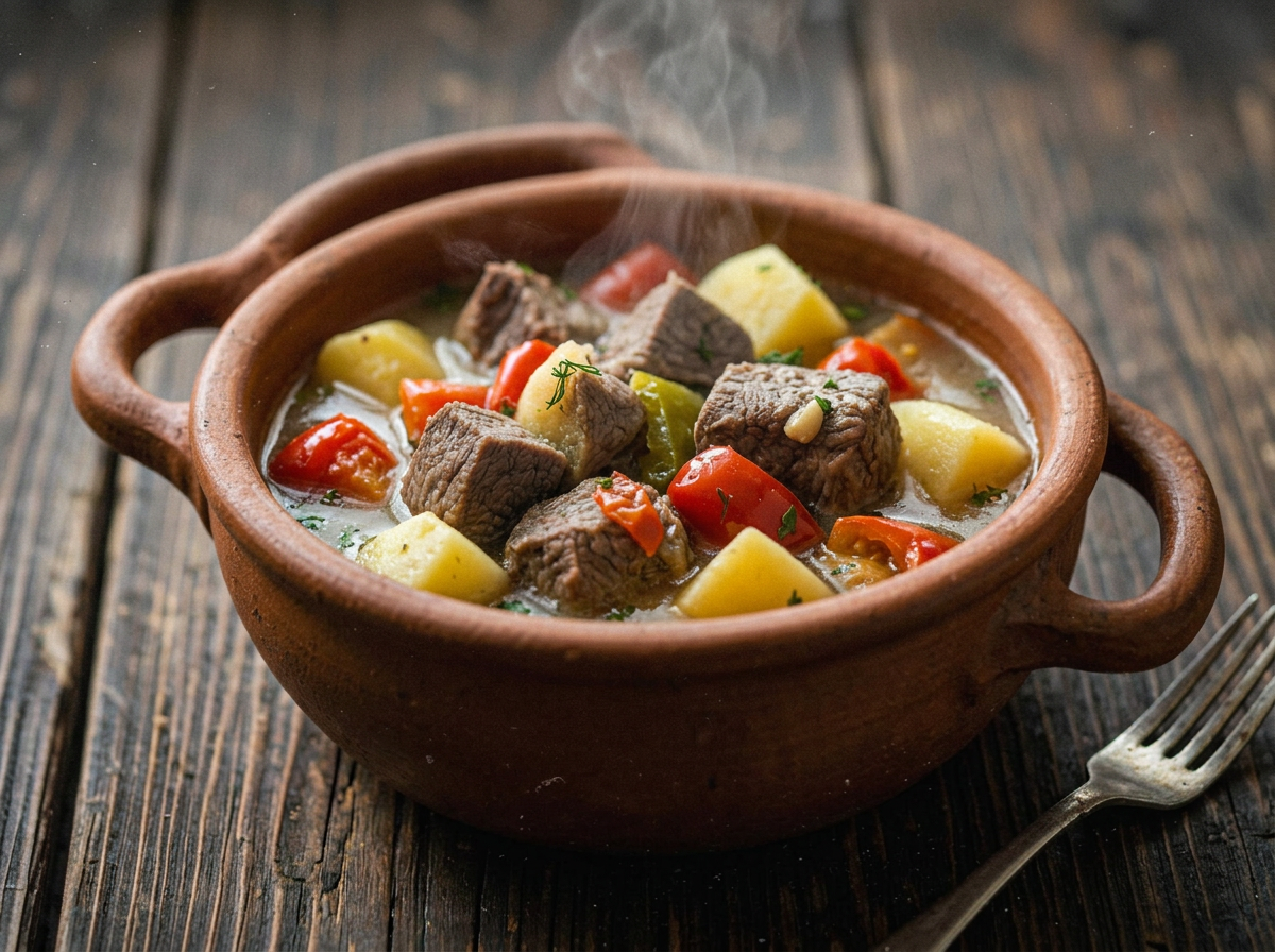 Armenian khashlama, lamb stewed with potatoes, peppers and tomatoes in a clay pot