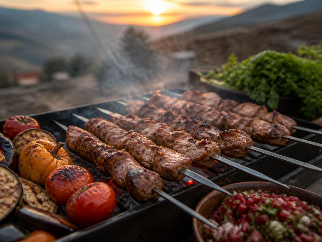 Glazed Armenian khorovats lamb skewers with pomegranate
