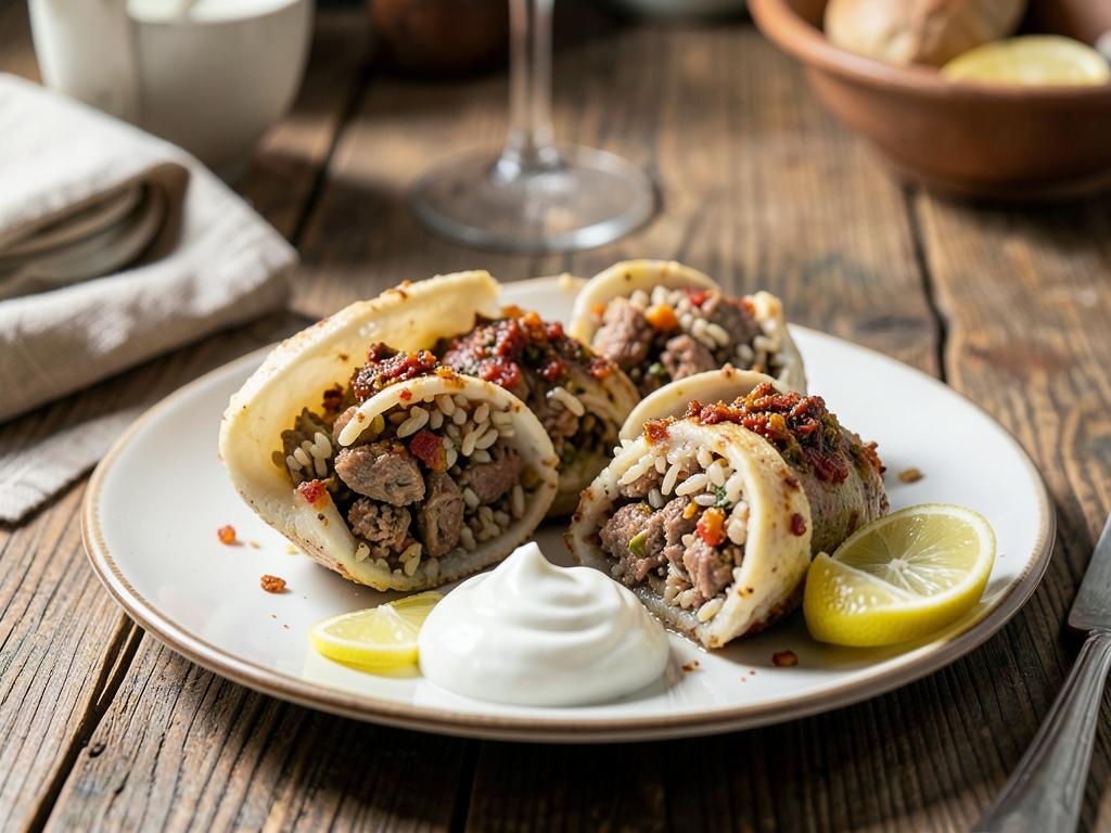 Armenian ishli kufta bulgur shells stuffed with spiced meat, one cut open