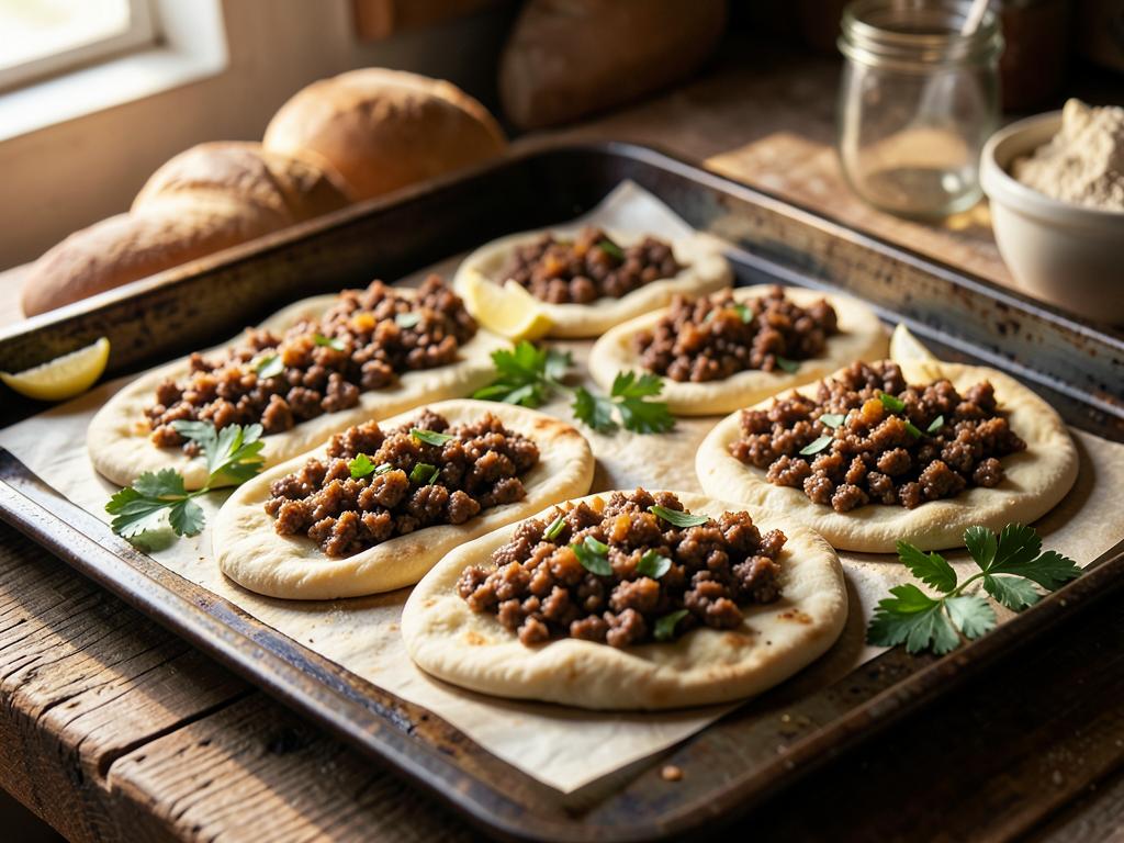 Armenian lahmajun flatbreads with spiced lamb topping and lemon