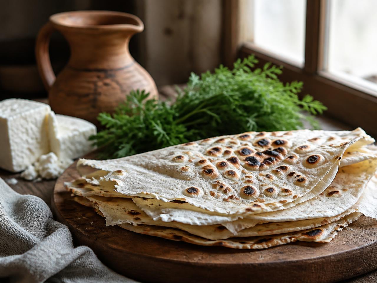 Golden Armenian lavash flatbread with herbs on a wooden board