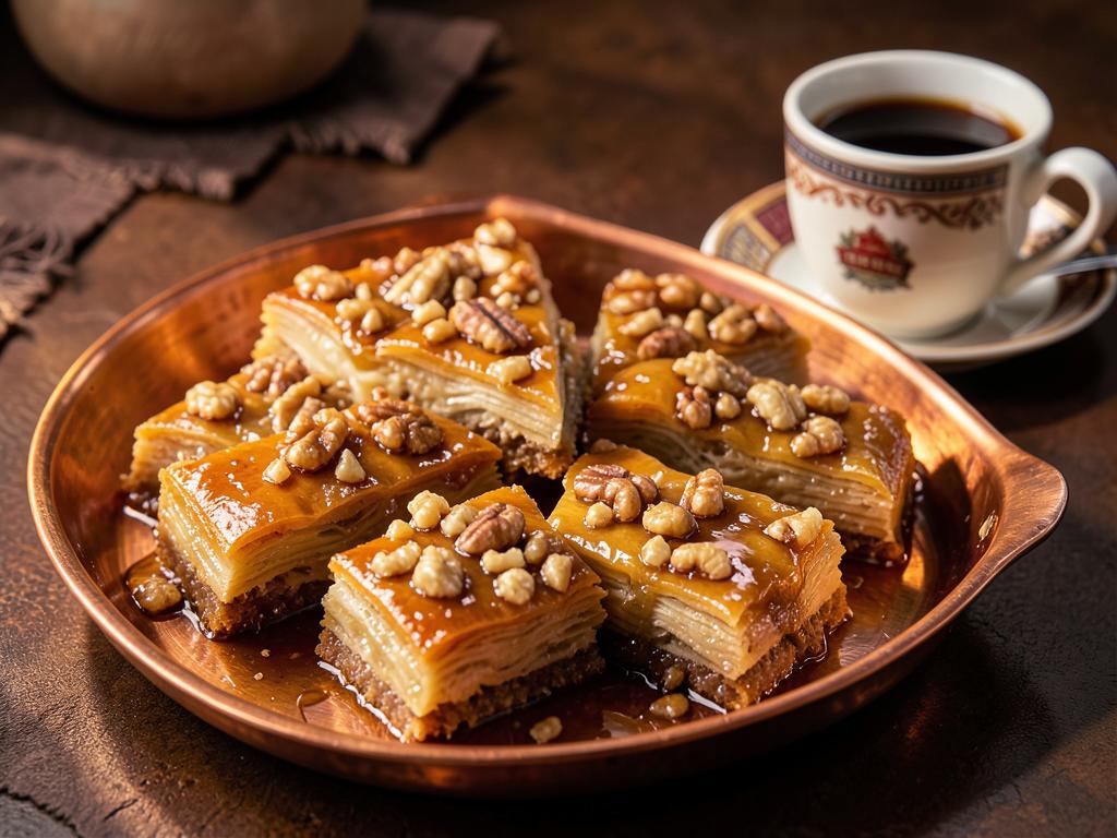 Armenian pakhlava diamonds with walnuts and honey syrup in a copper tray