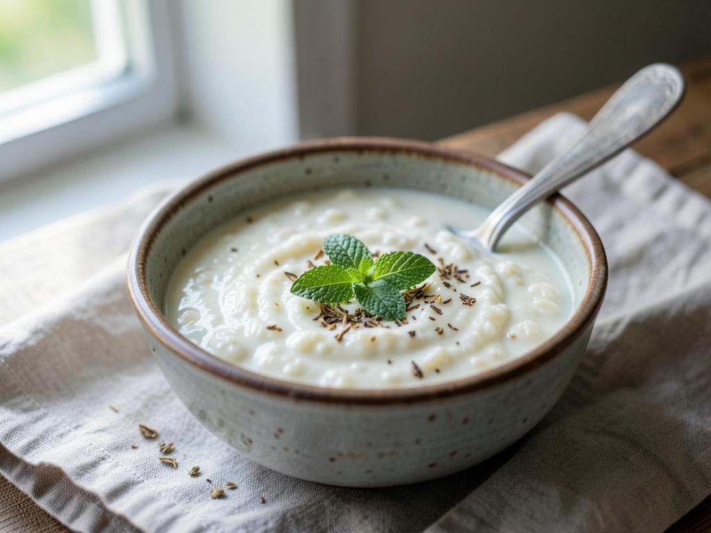 Bowl of Armenian spas yogurt soup topped with dried mint