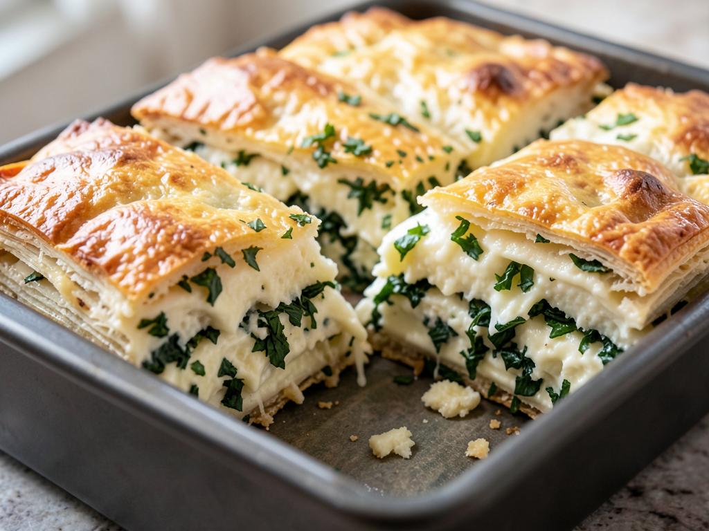 Armenian su boereg layered cheese pastry cut into squares in a tray