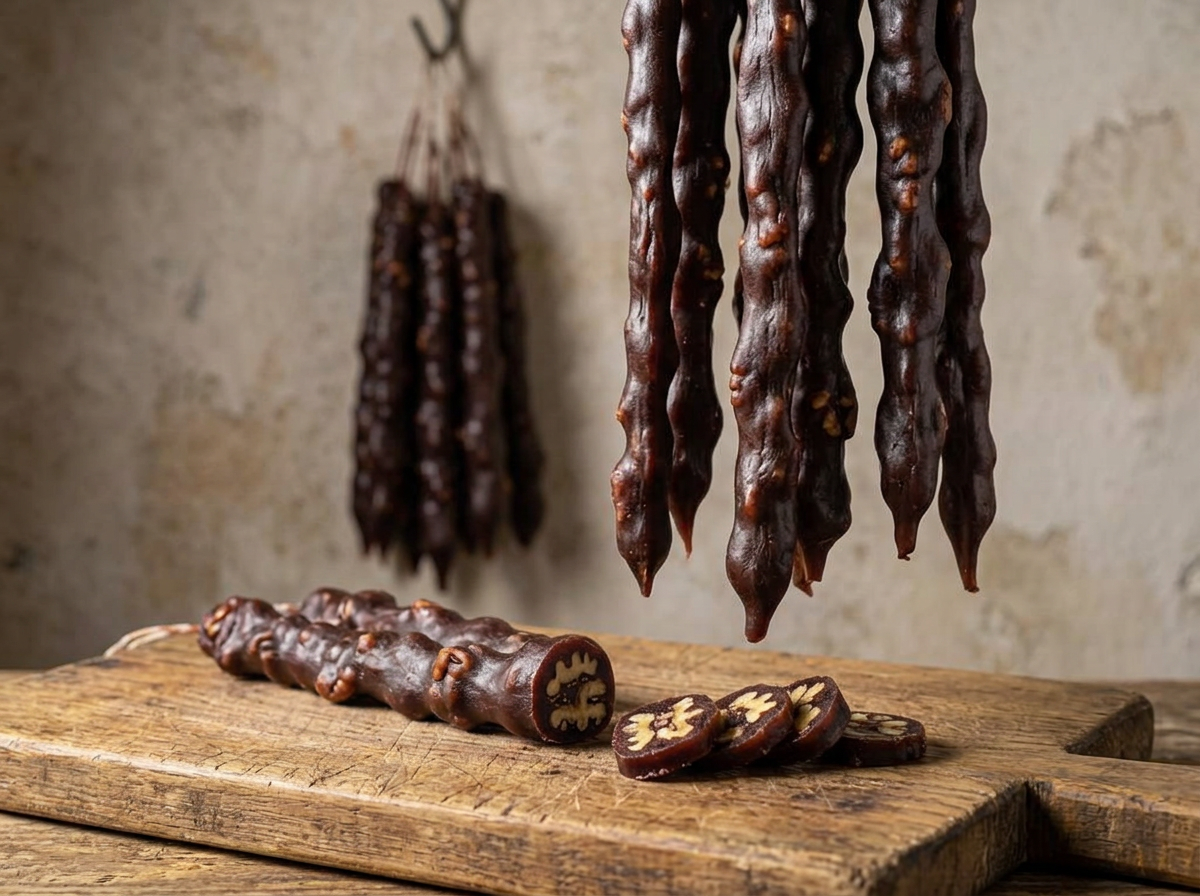Armenian sweet sujukh, walnut strings coated in dark grape must, sliced on a board