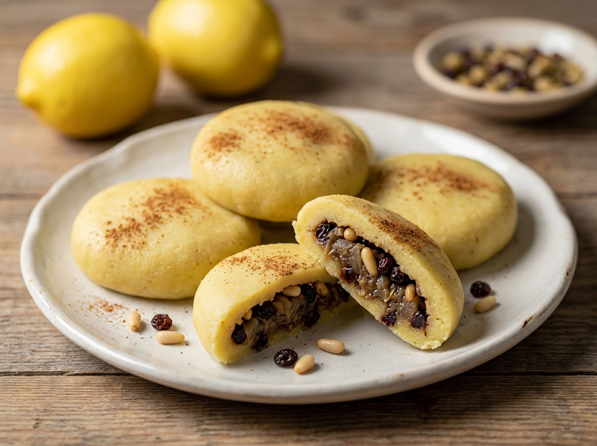 Topik, Armenian chickpea and potato roll sliced to show onion and currant filling