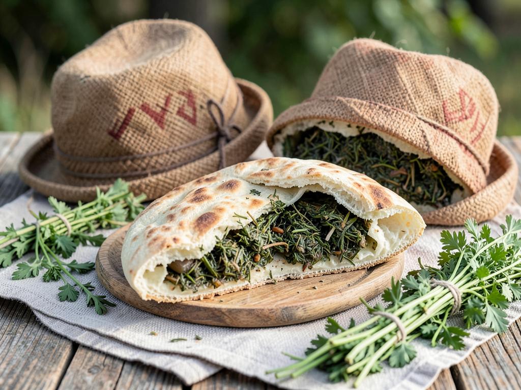 Zhingyalov hats, Artsakh herb-filled flatbread cut open to show green filling